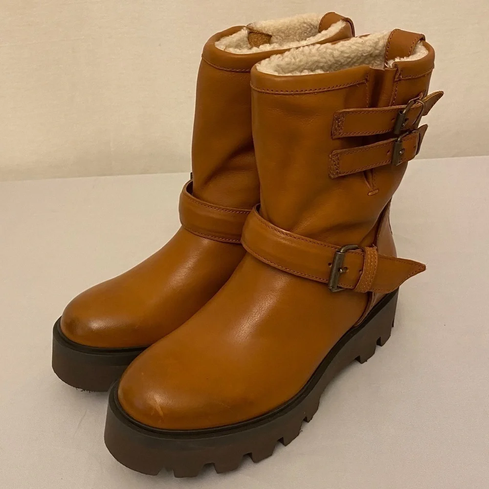 Ross & Snow Lucky Waterproof Cognac Leather Moto Ankle Boots Womens Size 6 Brown